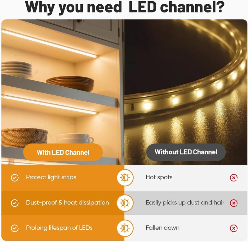 DEIGCYU 10 عبوة 3.3 قدم/1 متر قناة ألومنيوم LED على شكل U – ملف فضي 14x7 مم مع غطاء م diffuser أبيض حليبي، أغطية نهائية، مشابك تثبيت – ملف ألومنيوم لتركيبات أضواء LED شريط - Image 5